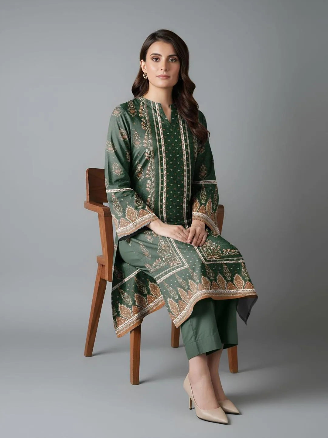 Green Printed Dobby Lawn 3Pcs Shirt Dupatta Set