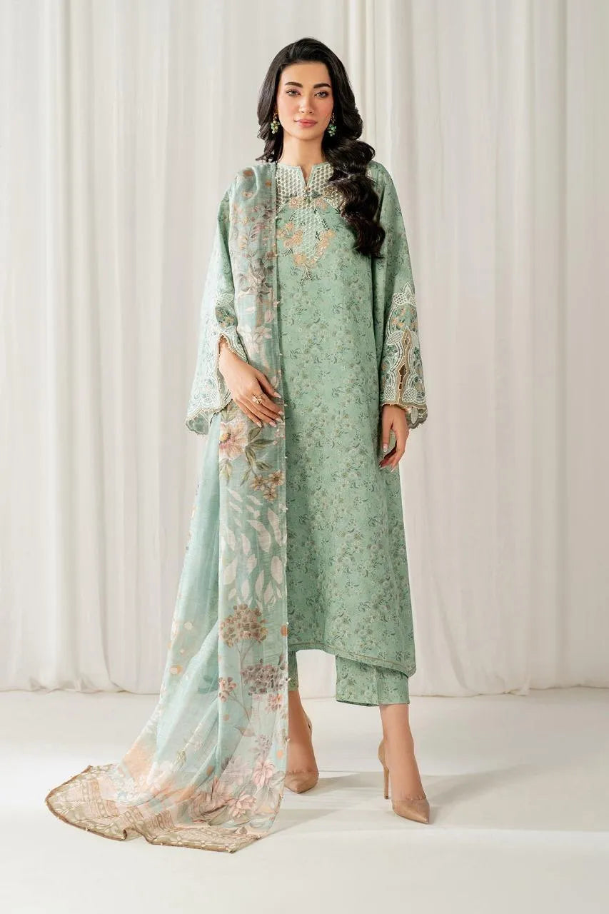 Pakistani Green Embroidered Kurta Set with Shawl