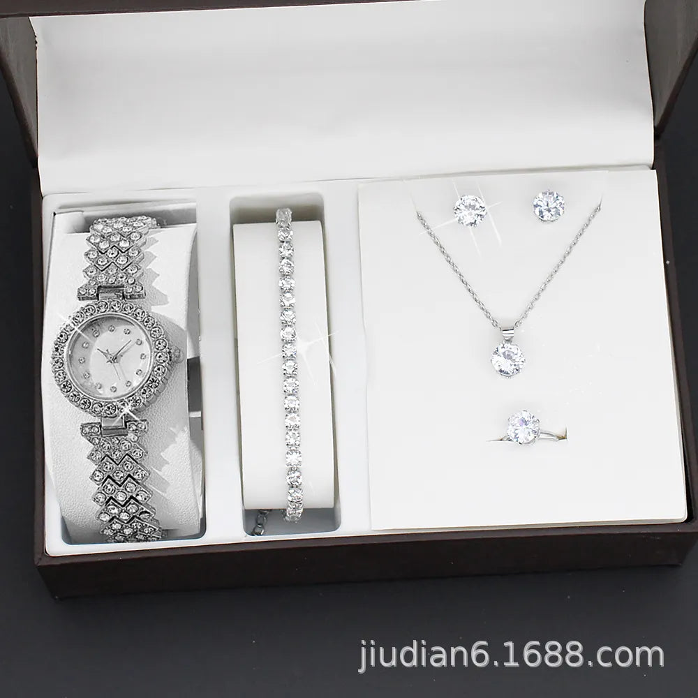 watch 5pcs/set new watch women's fashion quartz watch + jewelry suit foreign trade watch wholesale