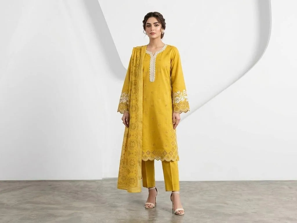 Mustard Embroidered 3Pcs Cotton Lawn