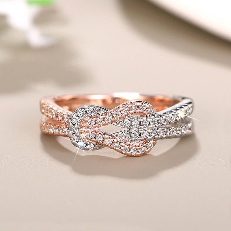Huajie European and American Cross-Border Two-Color Elegant Ring for Women, Micro-Inlaid Zircon Fashion Ring, Rope Design Jewelry
