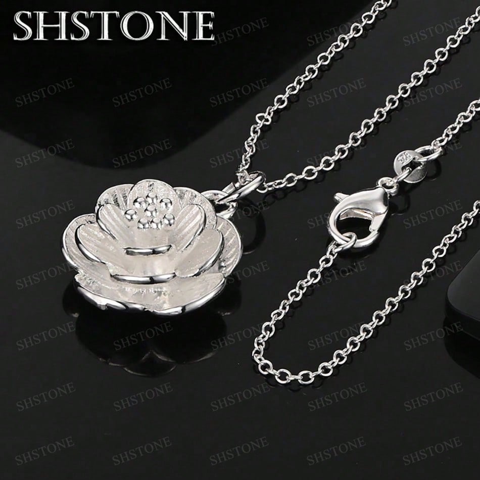 925 Sterling Silver Plated Camellia Flower Pendant Necklace, Jewelry For Party, Wedding, Birthday, Chain Length 16/18/20/22/24/26/28/30 Inches
