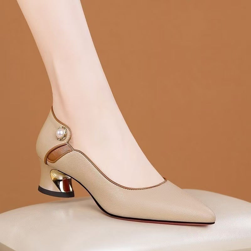 Professional Work Leather Shoes Women's Spring 2025 New Soft Leather Elegant Mid-Heel Shallow Women's Shoes Pointed Thick Heel Single-layer Shoes for Women