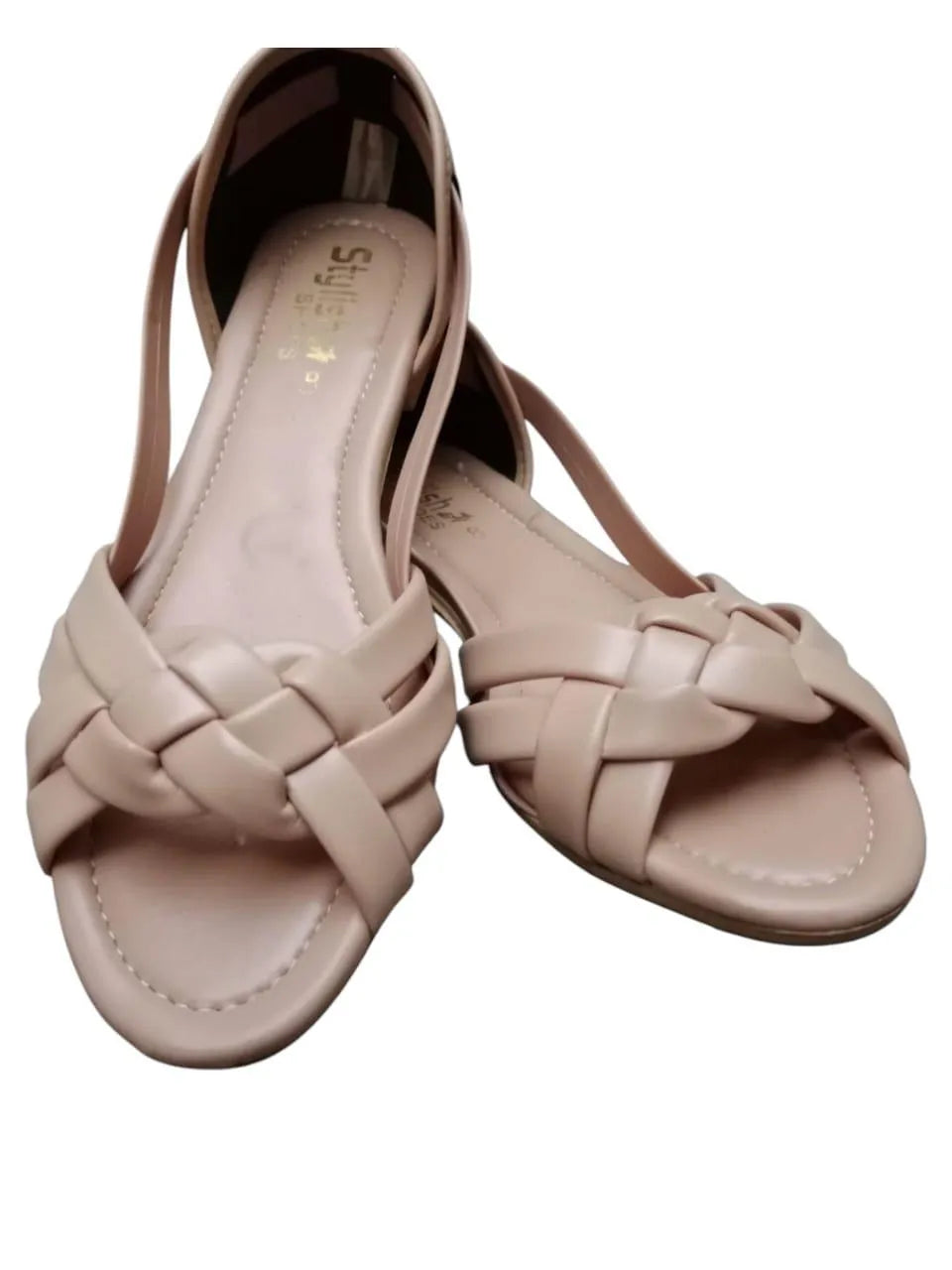 Beige Braided Synthetic Leather Women's Flats