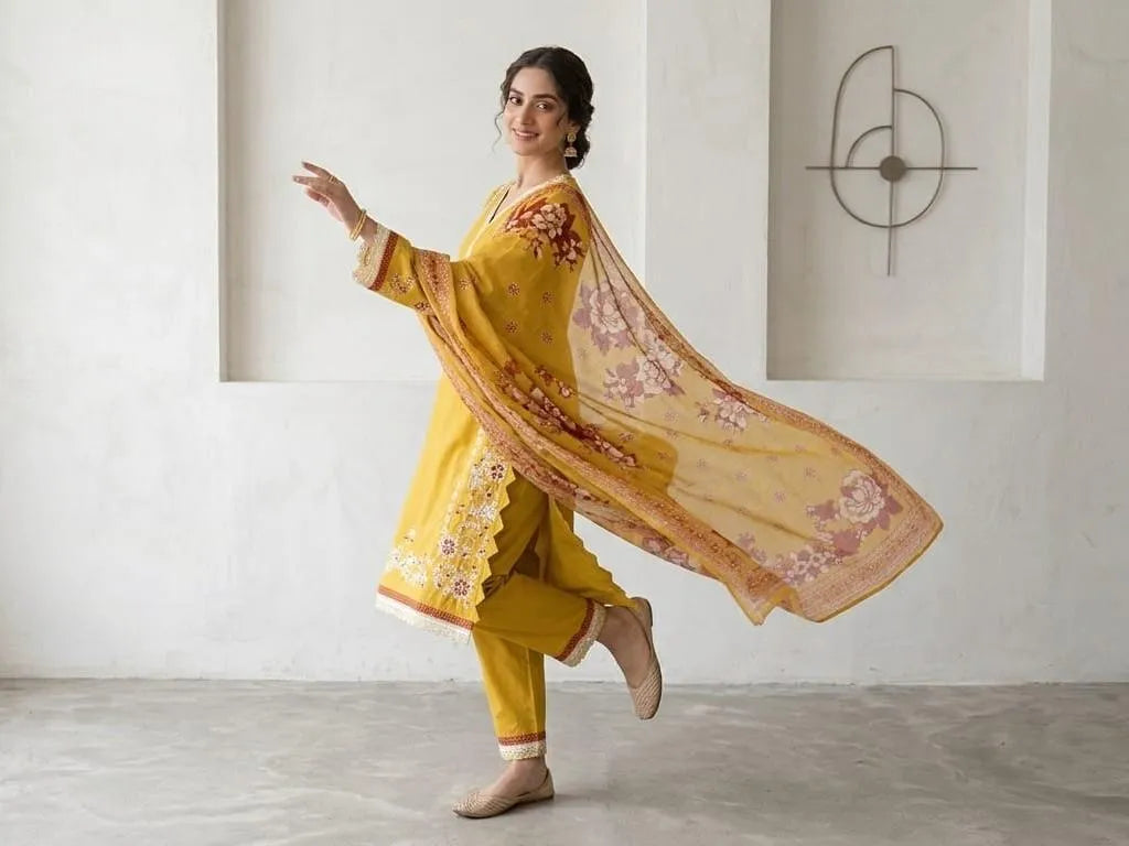 Mustard Embroidered 3Pcs Cotton Lawn Suit with Printed Dupatta