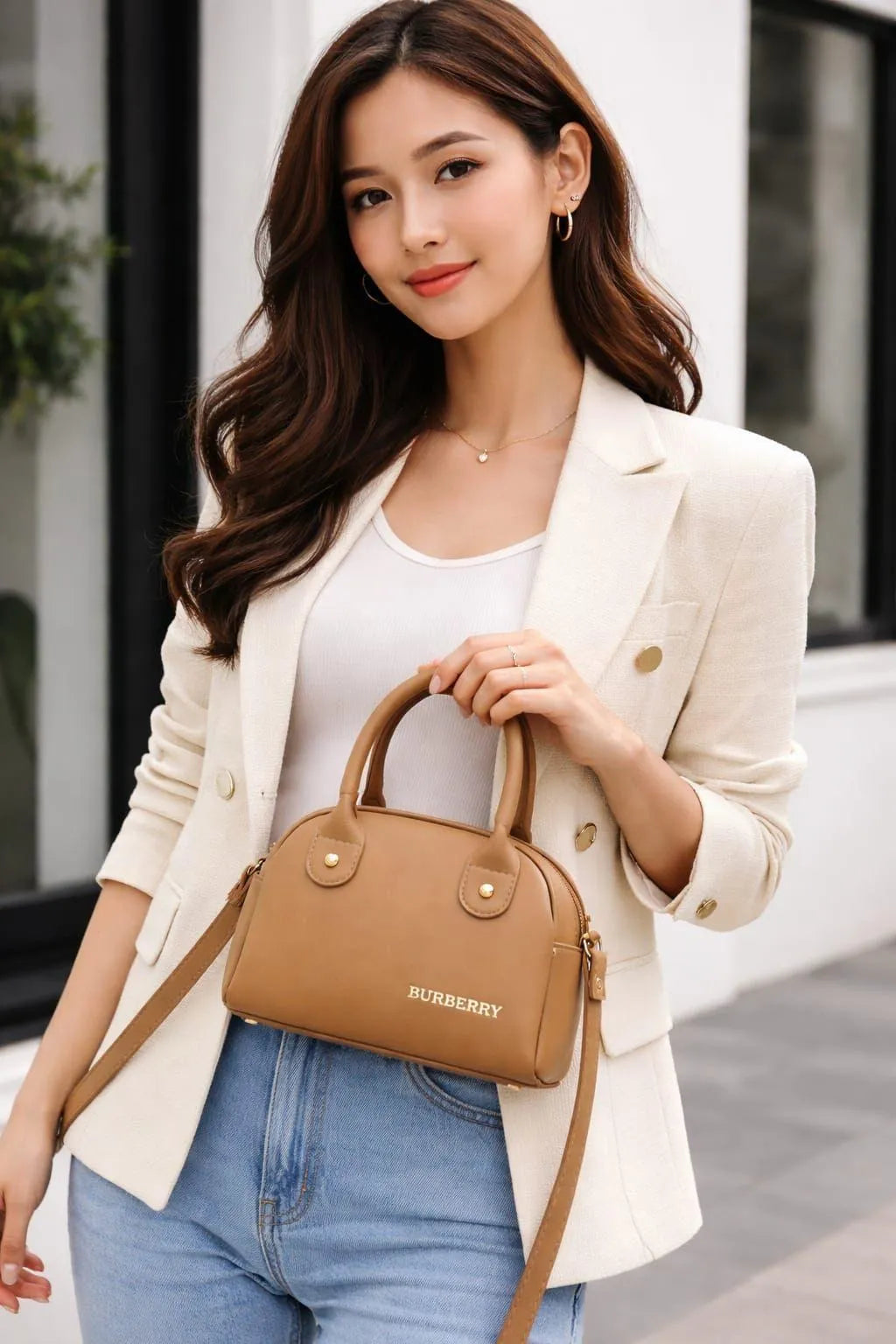 Beige Crossbody Bag for Women, Premium Leather, Multipurpose, 5x7x5"