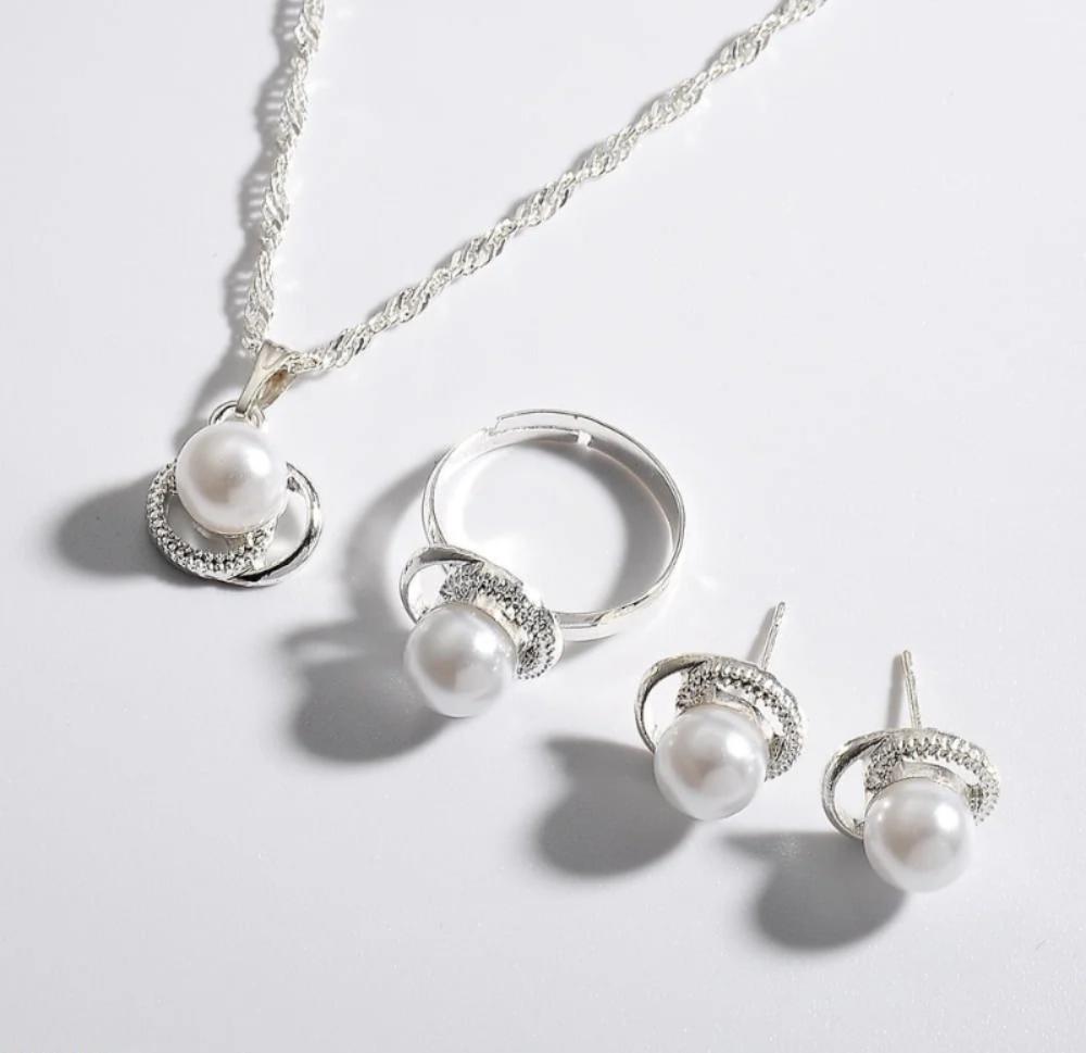 Silver Plated Pearl Necklace Ring Earrings Set