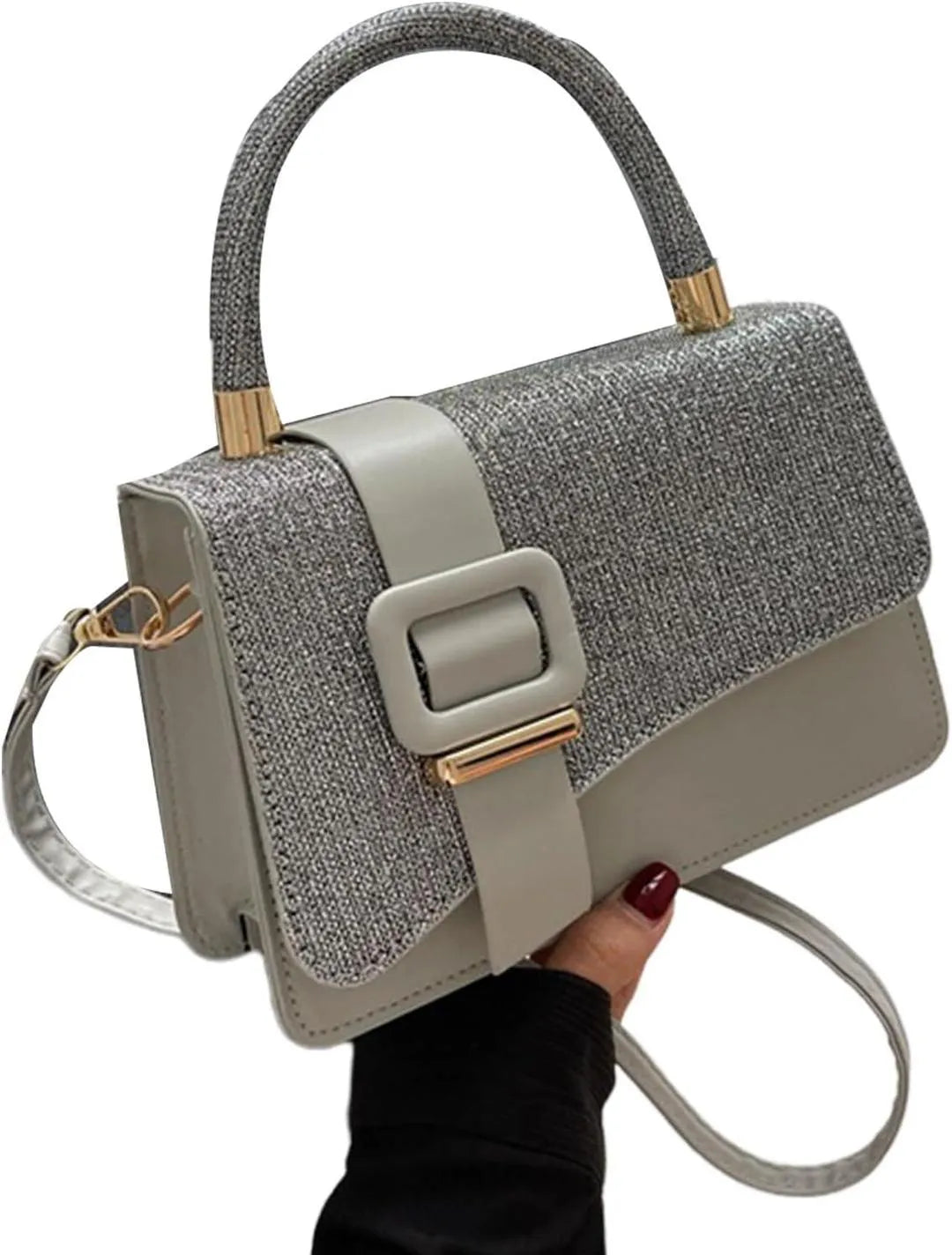 Grey Studded Crossbody Bag with Gold Hardware