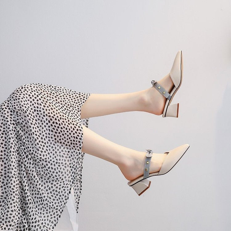 Baotou Half Slippers 2025 New Style Net Infrared Wear Fashion Half Slippers One Pedal Women's Pointed Mid-Heel Sandals with Skirt Shoes