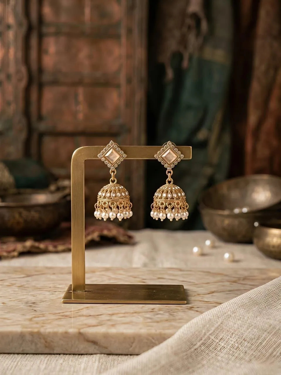 Golden Crystal Jhumka Earrings for Women