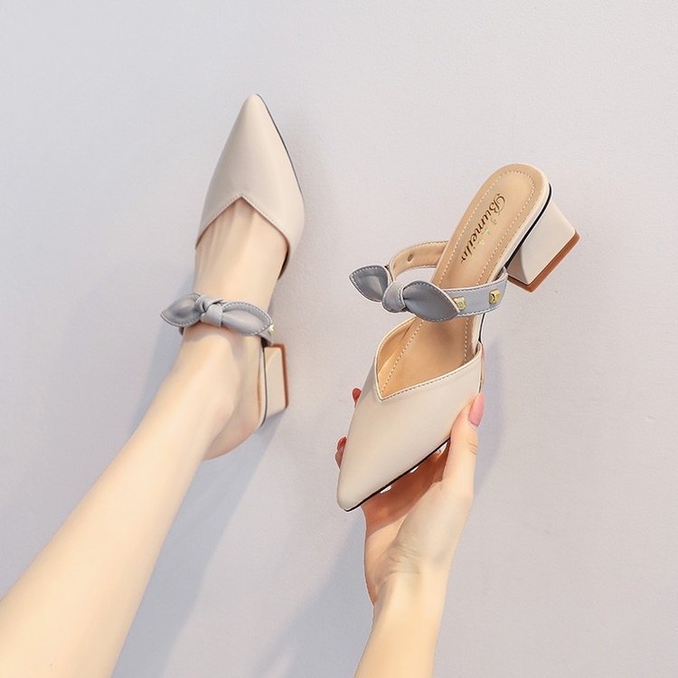 Baotou Half Slippers 2025 New Style Net Infrared Wear Fashion Half Slippers One Pedal Women's Pointed Mid-Heel Sandals with Skirt Shoes