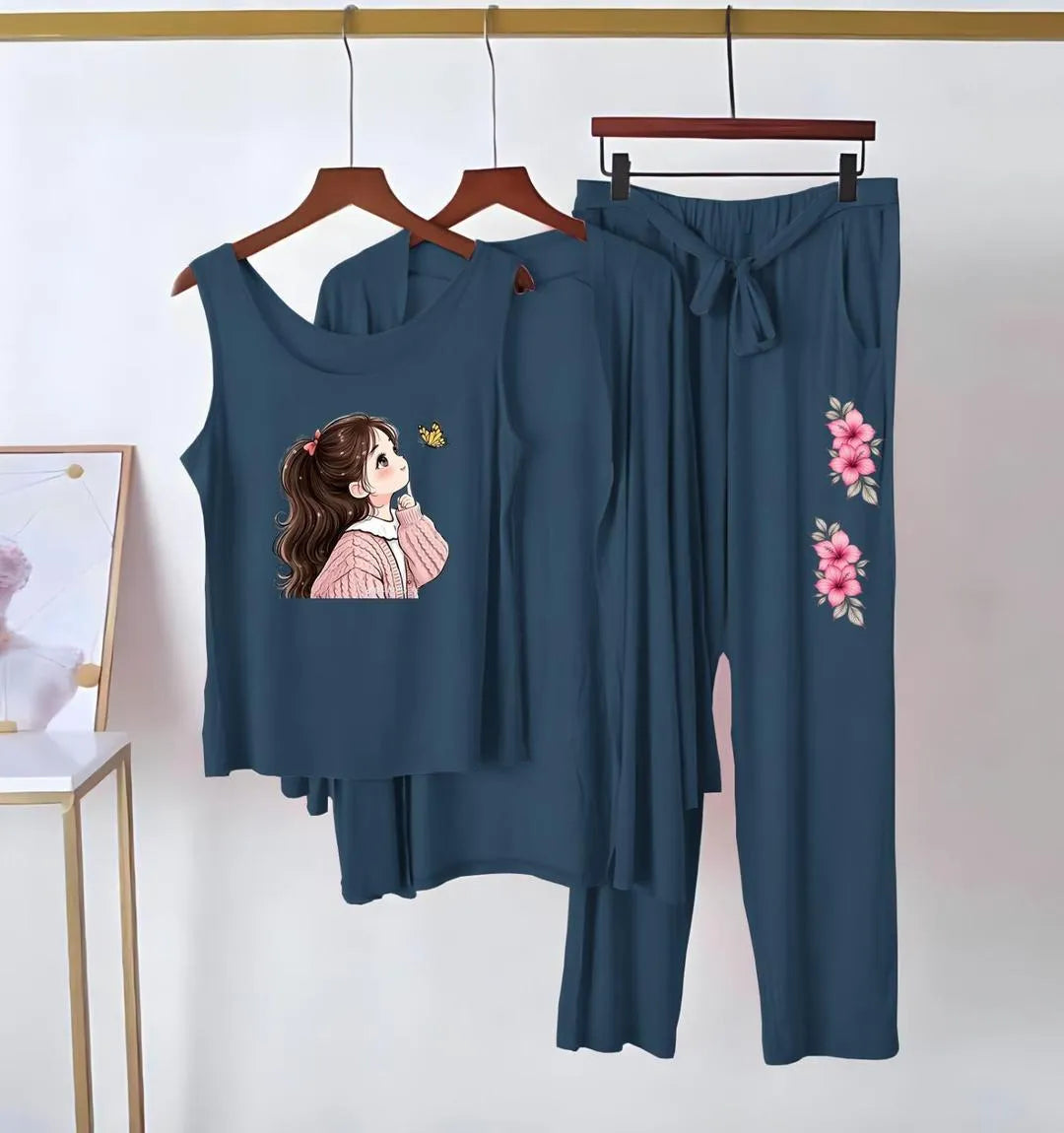 Blue Printed 3 Pcs Women's Jersey Night Suit