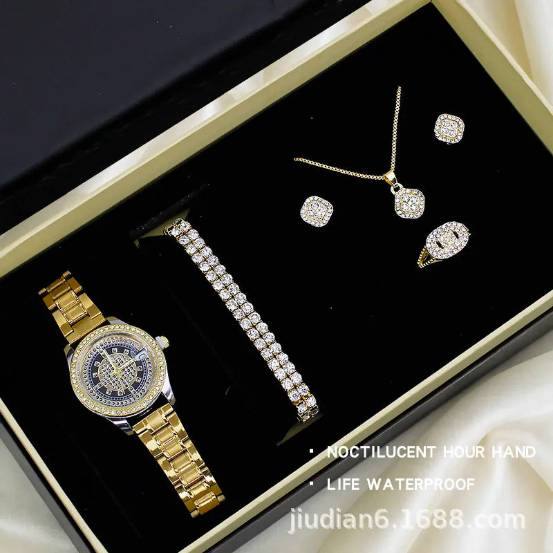 watch 5pcs/set new watch women's fashion quartz watch + jewelry suit foreign trade watch wholesale
