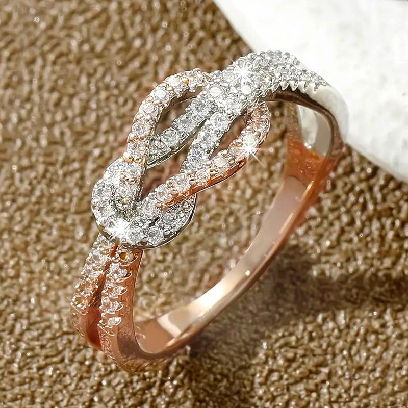 Huajie European and American Cross-Border Two-Color Elegant Ring for Women, Micro-Inlaid Zircon Fashion Ring, Rope Design Jewelry