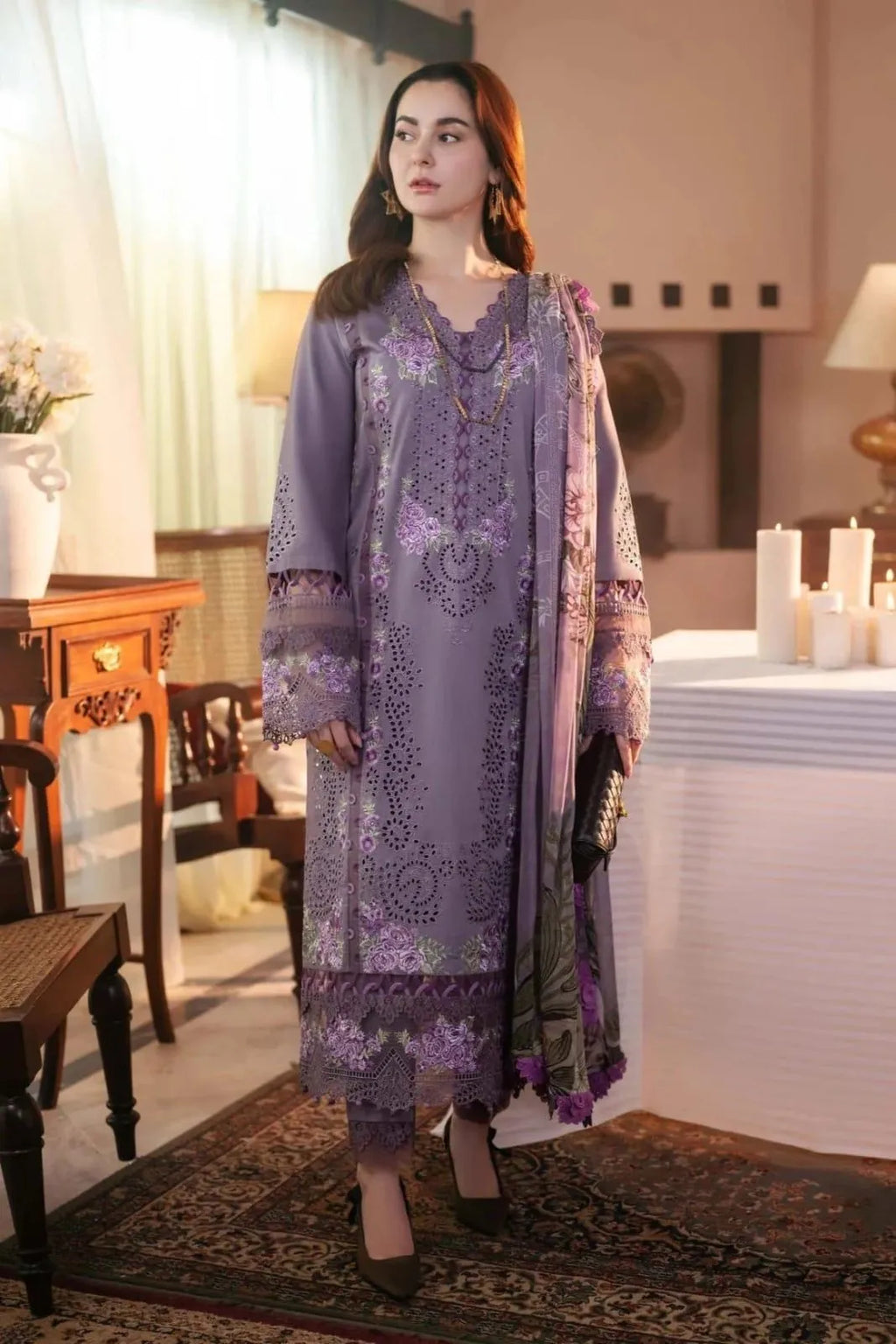 Purple Embroidered Lawn 3Pcs Set for Women
