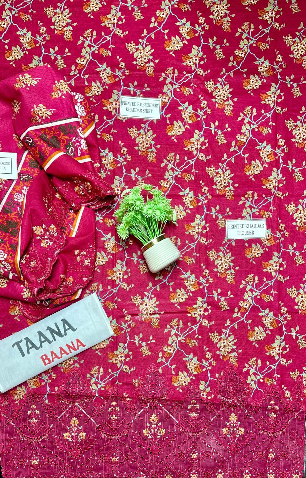 Stunning Pink Khaddar Suit Set - 3 Pcs with Embroidered & Printed Patterns