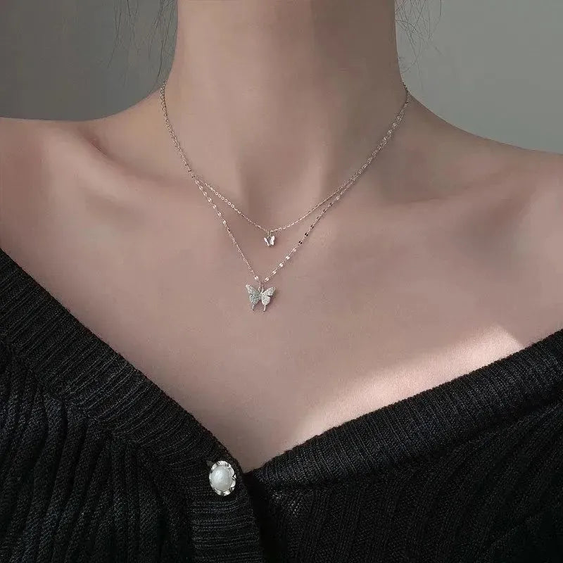 Double-layer Butterfly Necklace Women's Ins Light Luxury Collarbone Chain Niche Design Neck Chain 2024 New Fashionable Pendant Jewelry