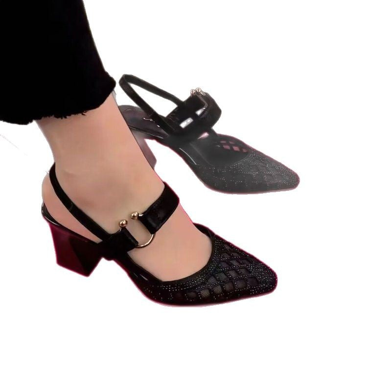 Women's Mesh Breathable High-Heeled Sandals Baotou 2025 New Summer Medium-Heeled Thick-Heeled Pointed-Toe Buckle Flats