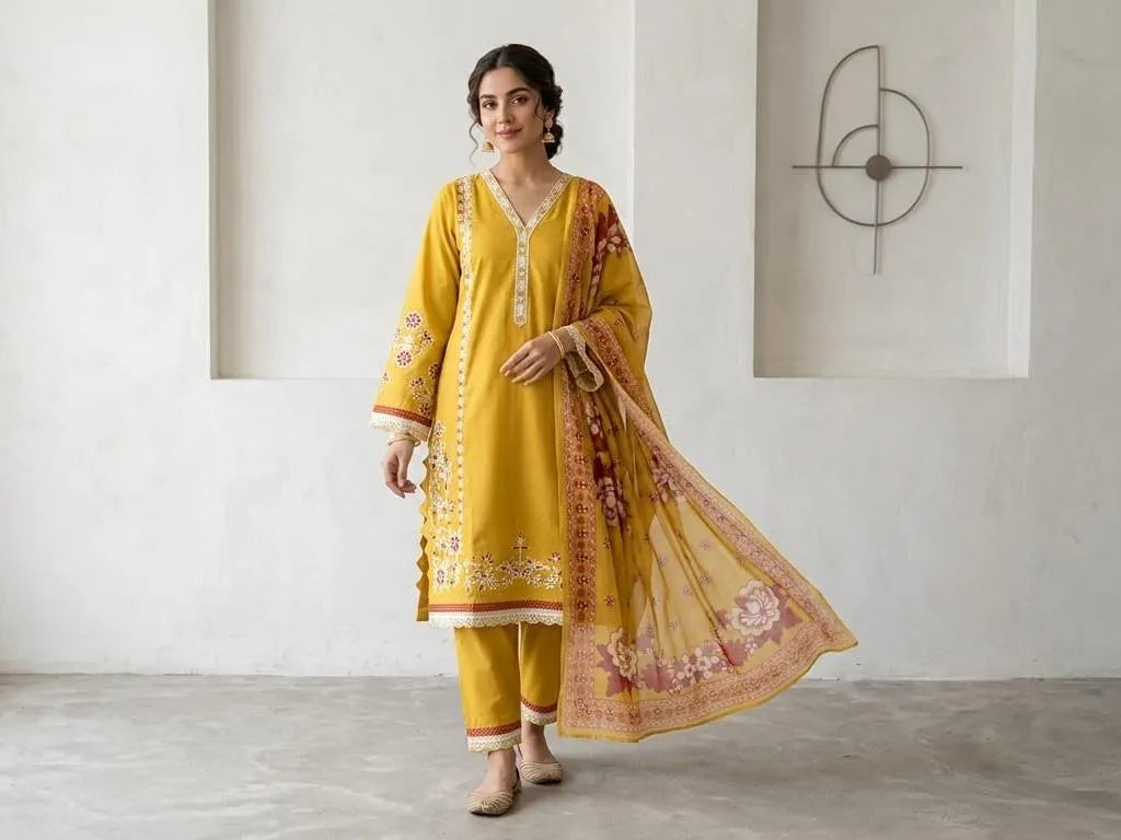 Mustard Embroidered 3Pcs Cotton Lawn Suit with Printed Dupatta