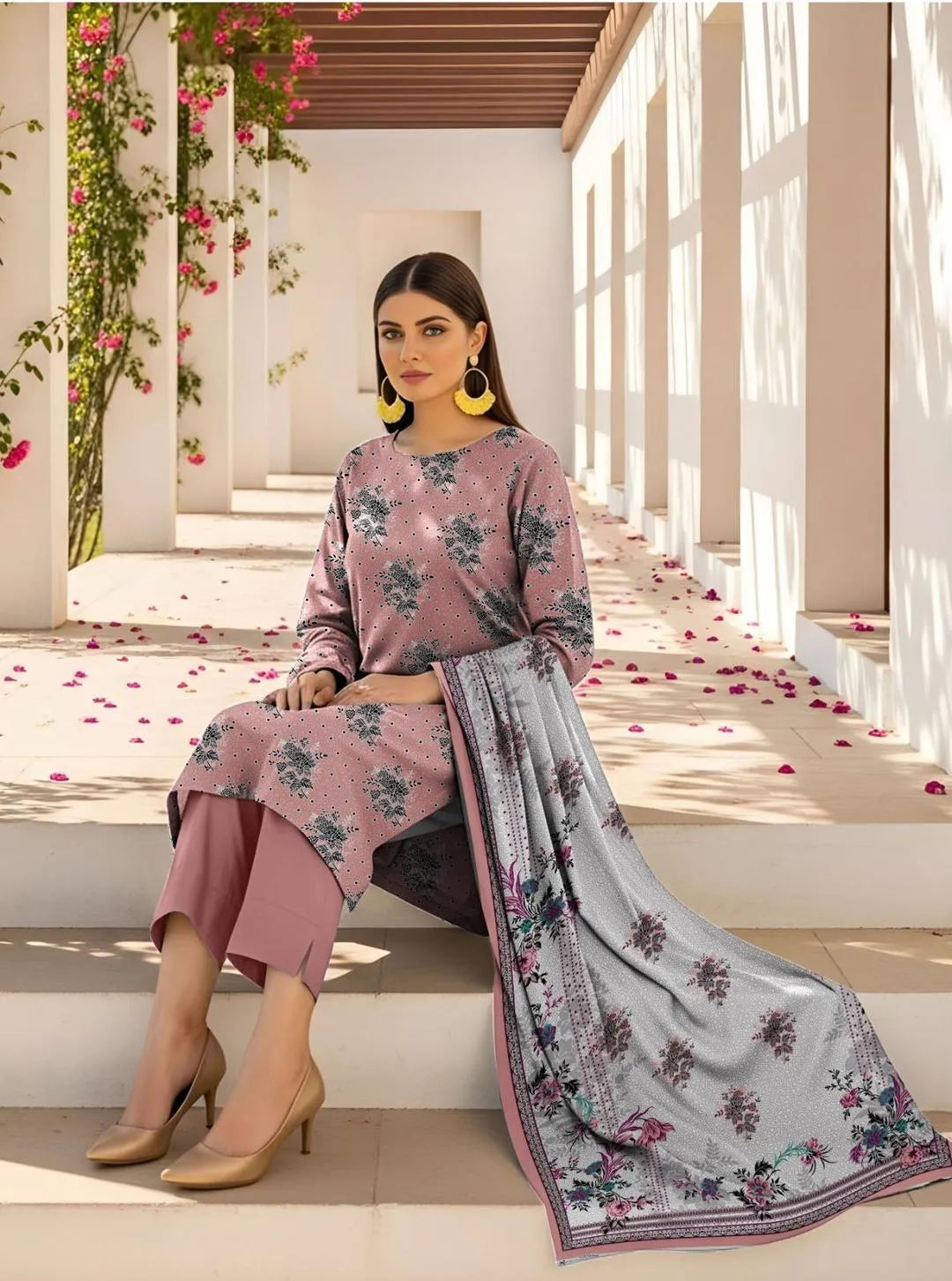 Pakistani Floral Printed Kurta Set with Shawl