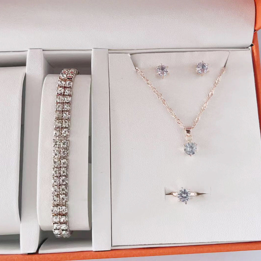 Hot Selling Simple suit Jewelry Fashion All-match Zircon Necklace Earrings Ring Bracelet Four-piece Jewelry in stock