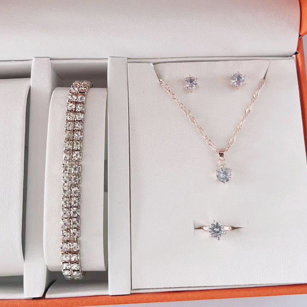 Hot Selling Simple suit Jewelry Fashion All-match Zircon Necklace Earrings Ring Bracelet Four-piece Jewelry in stock
