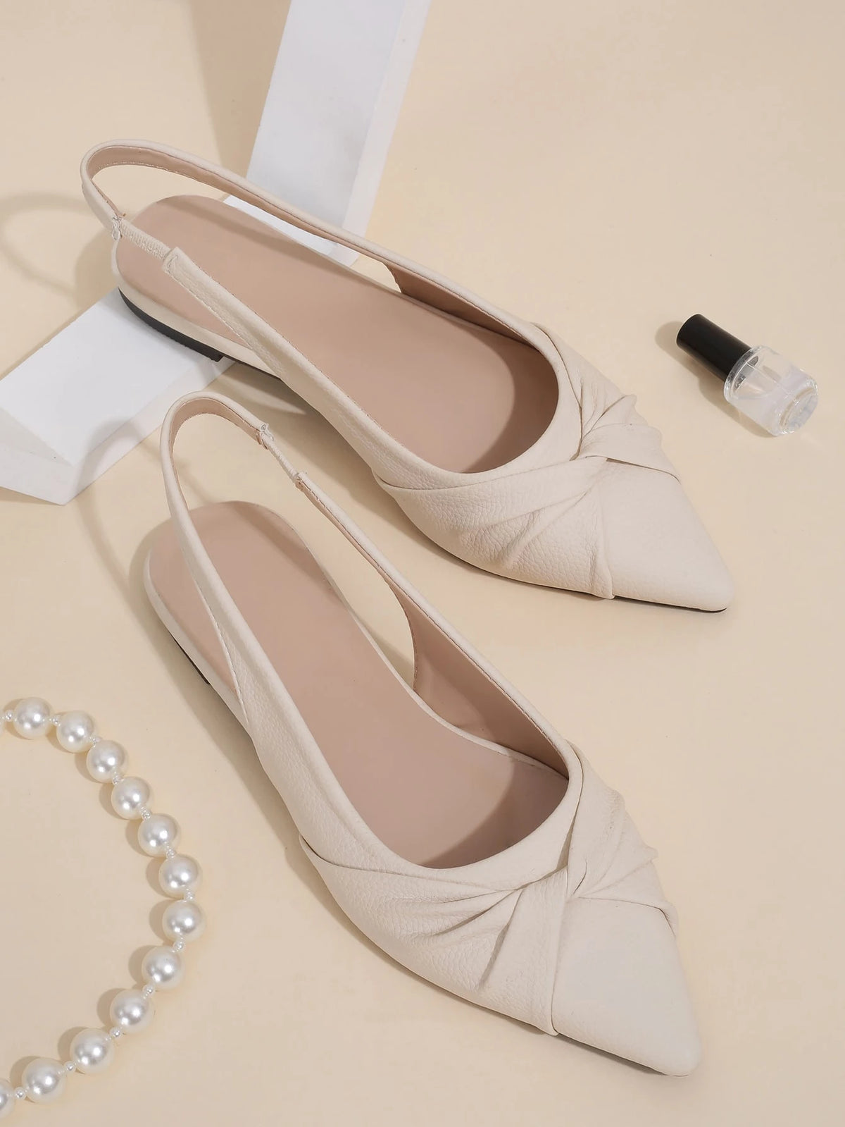 Autumn Twist Detail Point Toe Slingback Flats, Beige Elegant Twisted Knot Plain Women's Flat Shoes With Back Strap,Summer Shoes