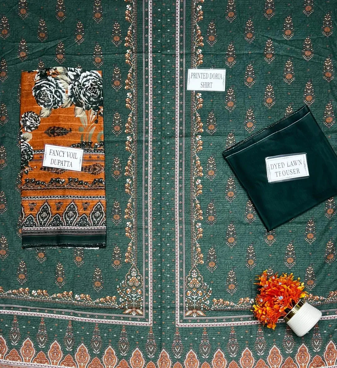Green Printed Dobby Lawn 3Pcs Shirt Dupatta Set