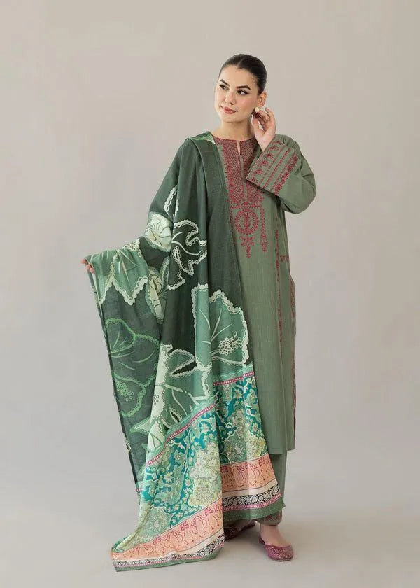 Green Embroidered Lawn 3Pcs Set with Digital Print Dupatta