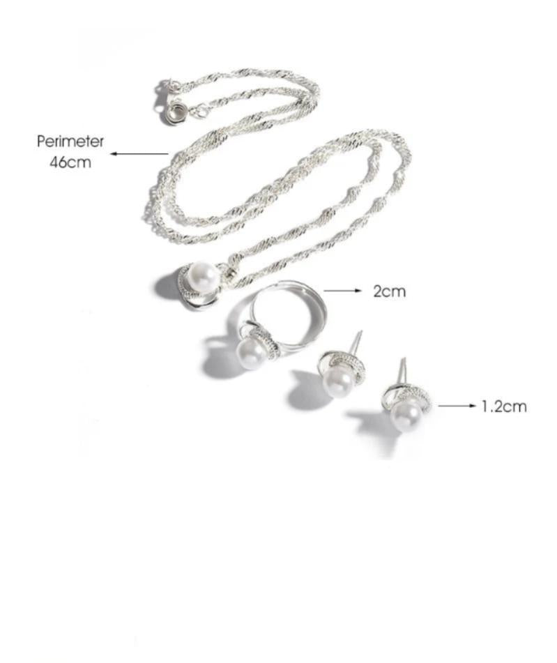 Silver Plated Pearl Necklace Ring Earrings Set