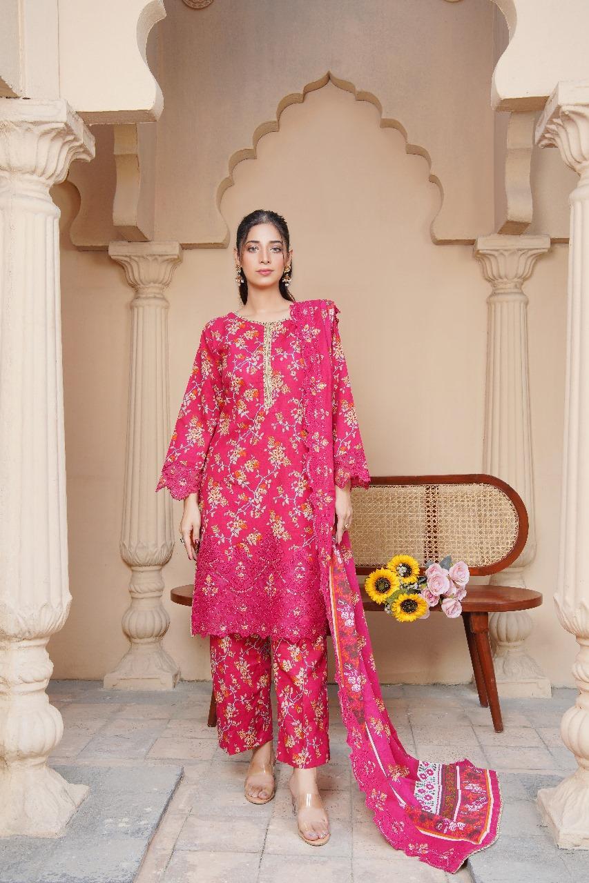 Stunning Pink Khaddar Suit Set - 3 Pcs with Embroidered & Printed Patterns