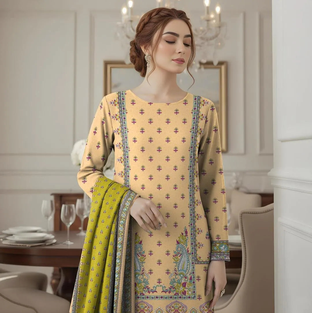 Yellow Printed Dobby Lawn 3Pcs Shirt Dupatta Trouser Set