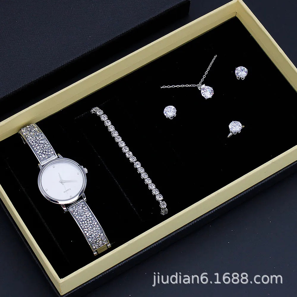 watch 5pcs/set new watch women's fashion quartz watch + jewelry suit foreign trade watch wholesale