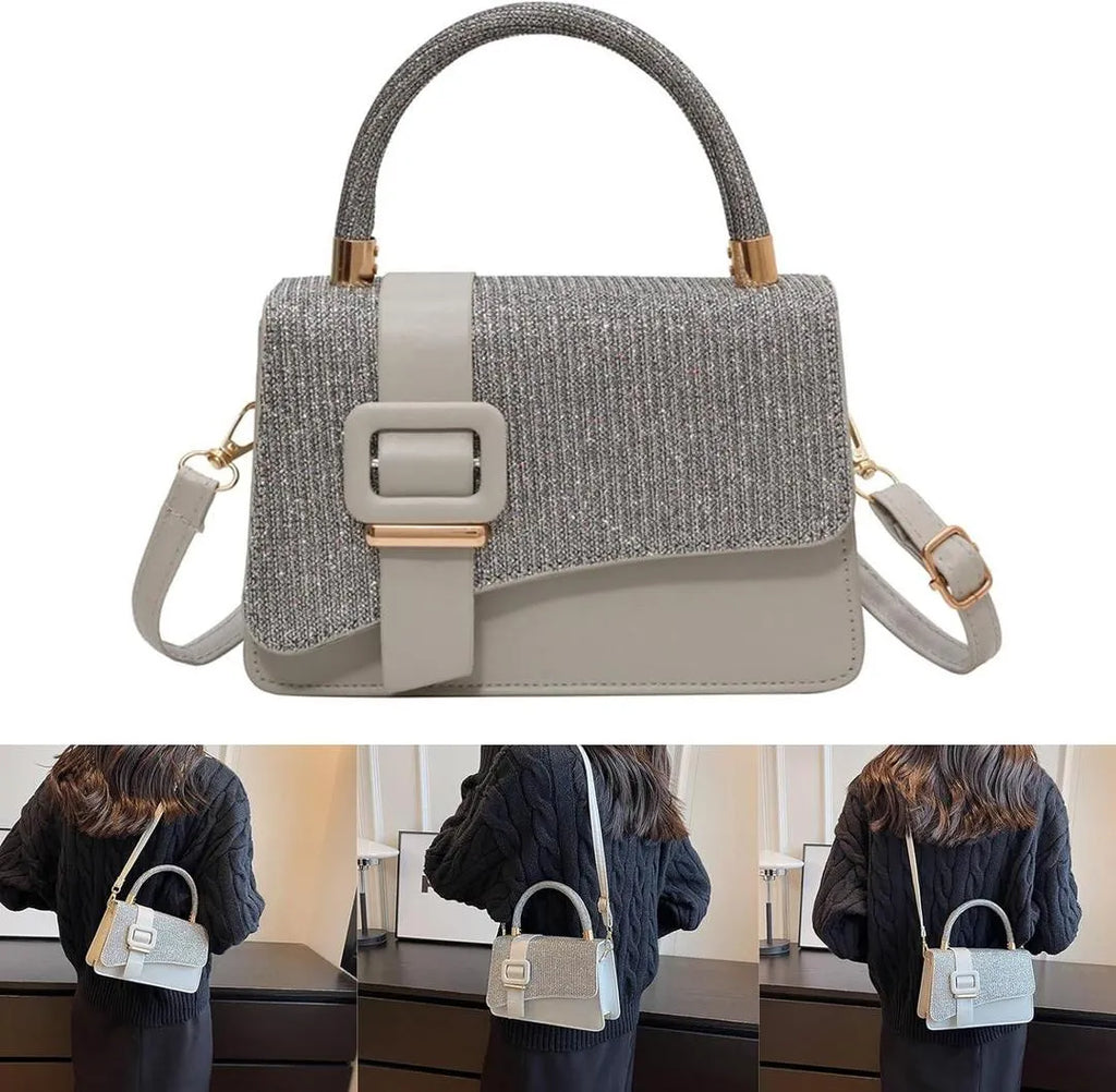 Grey Studded Crossbody Bag with Gold Hardware