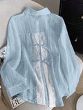 Women's Lightweight Lace Trim Semi-Transparent Layering Shirt, Fashionable Gentleman Design Fit Women's Top, Suitable For Spring, Summer, Autumn, Machine Washable