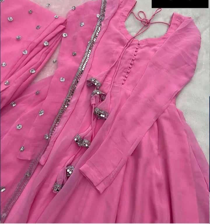 3 Pcs Women's Stitched Chiffon Plain Maxi And Trouser