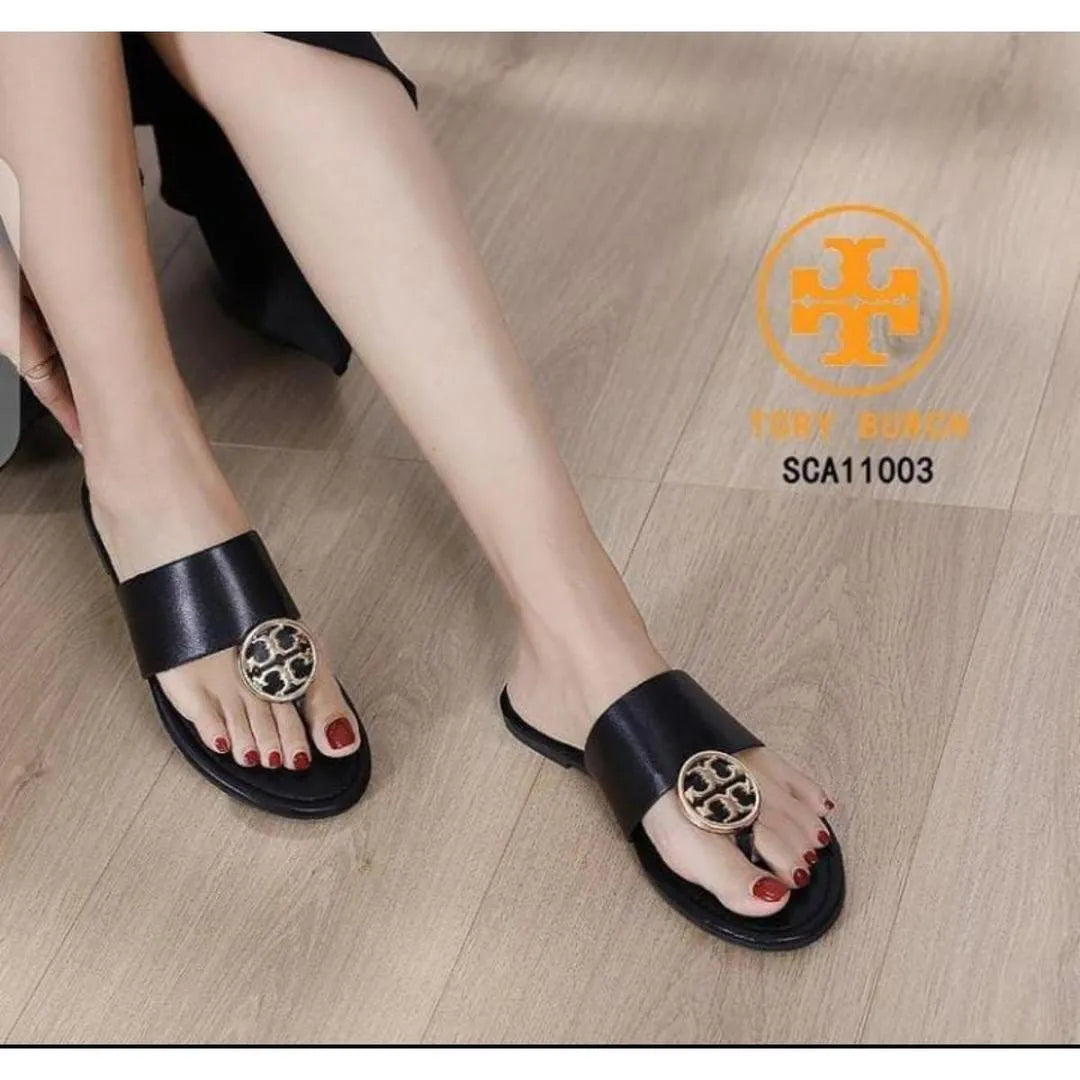 Women's Black Rexine Flat Sandals with Gold Logo
