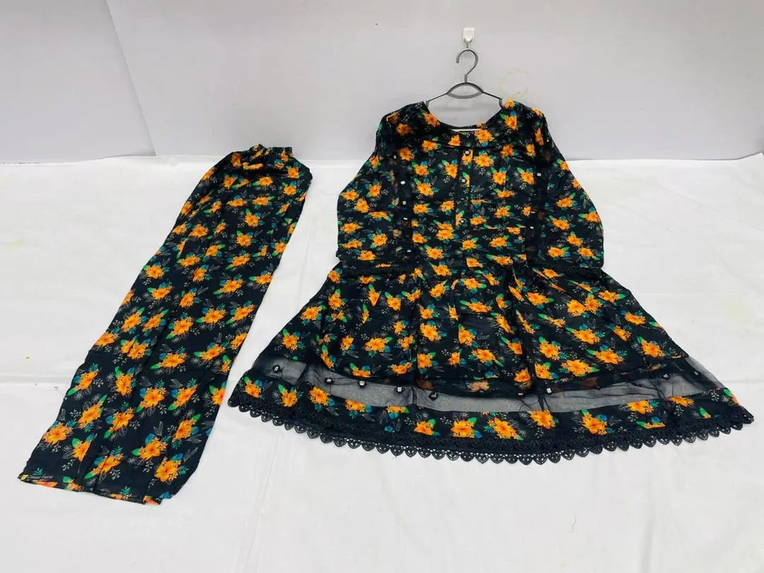 2 Pcs Women's Stitched Lawn Digital Print Frock And Trouser with Lace and Tissue