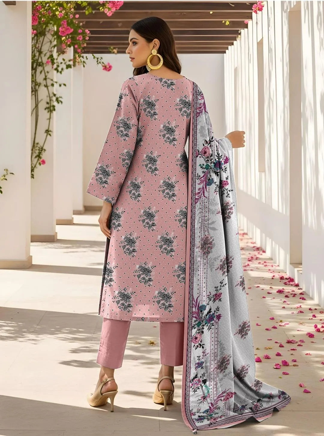 Pakistani Floral Printed Kurta Set with Shawl