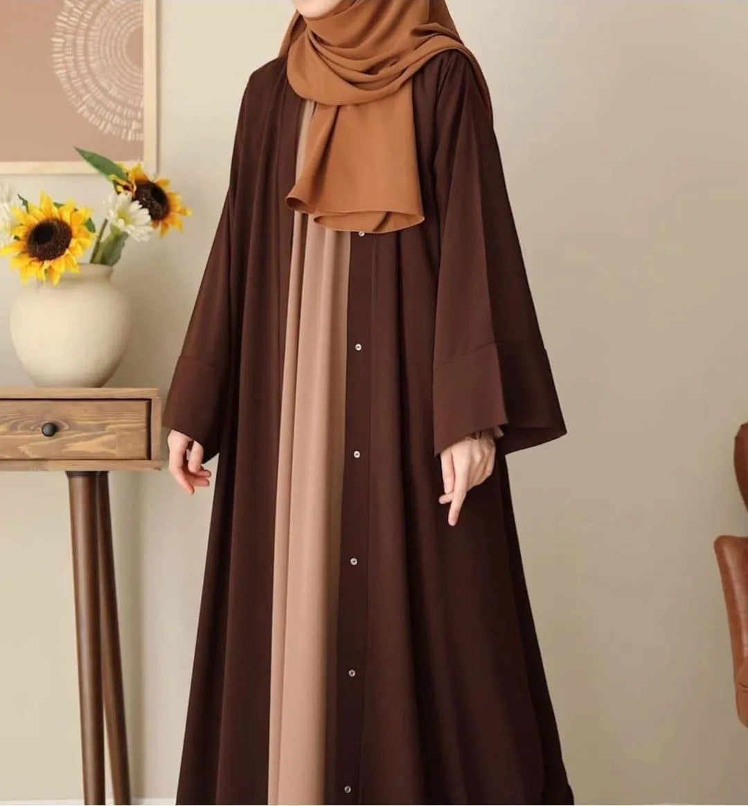 Georgette Plain Abaya Chocolaty Brown V-Neck Detachable Stoller