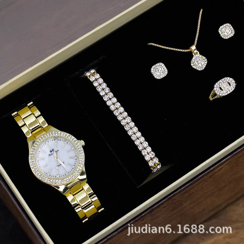 watch 5pcs/set new watch women's fashion quartz watch + jewelry suit foreign trade watch wholesale