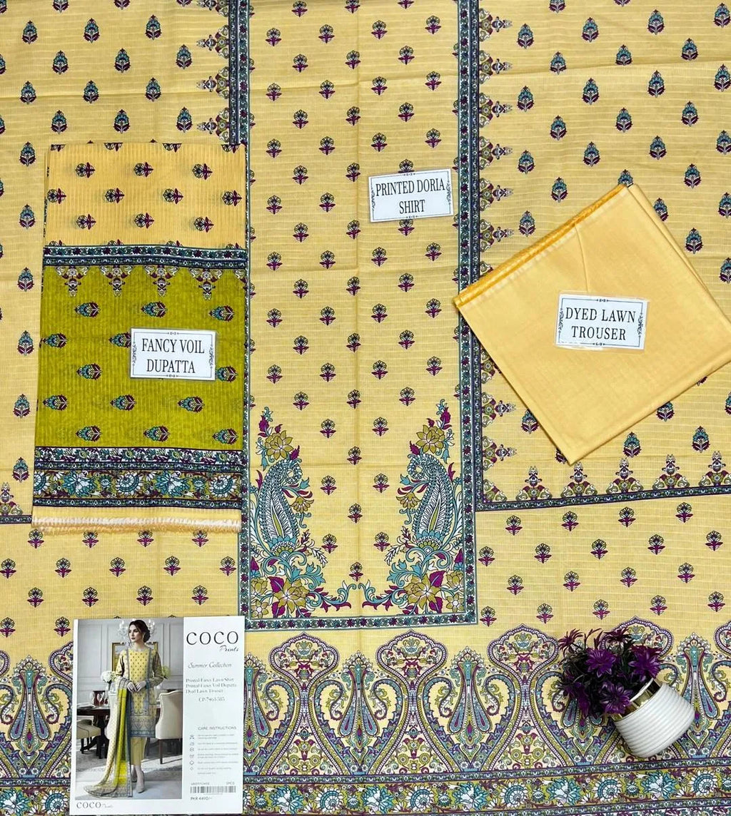 Yellow Printed Dobby Lawn 3Pcs Shirt Dupatta Trouser Set