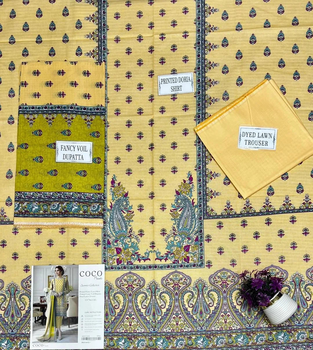 Yellow Printed Dobby Lawn 3Pcs Shirt Dupatta Trouser Set