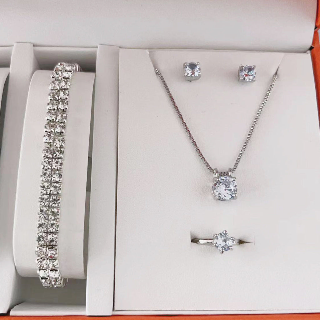 Hot Selling Simple suit Jewelry Fashion All-match Zircon Necklace Earrings Ring Bracelet Four-piece Jewelry in stock
