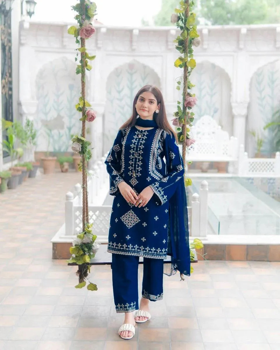 Blue Sequin Embroidered 3-Piece Suit for Women