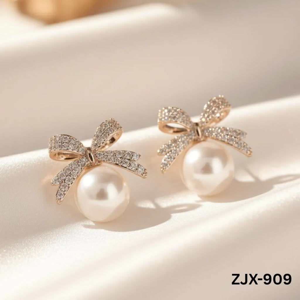 Korean Knot Pearl Earrings Silver Golden Zircon Bow