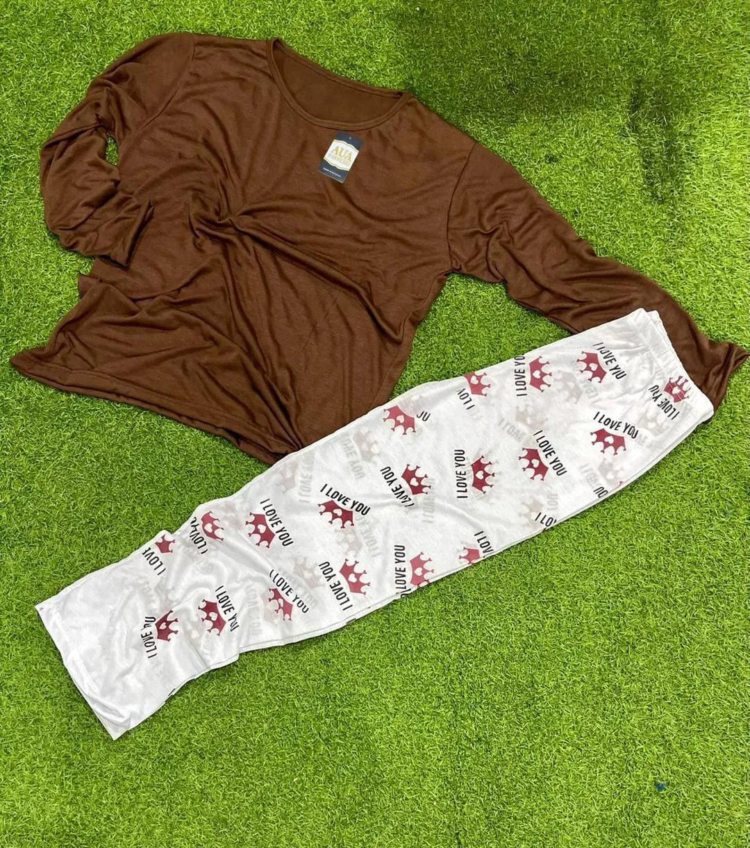 Women Printed Jersey Night Suit Brown 2Pcs Set