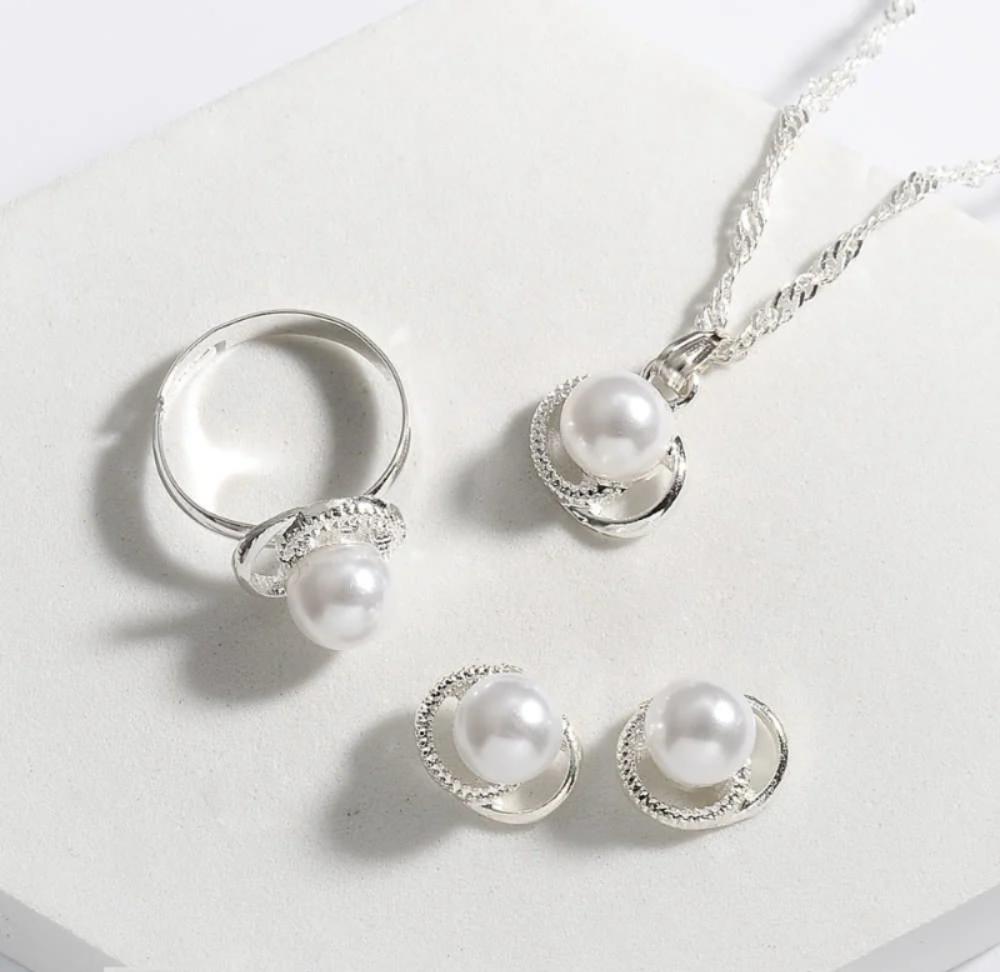 Silver Plated Pearl Necklace Ring Earrings Set