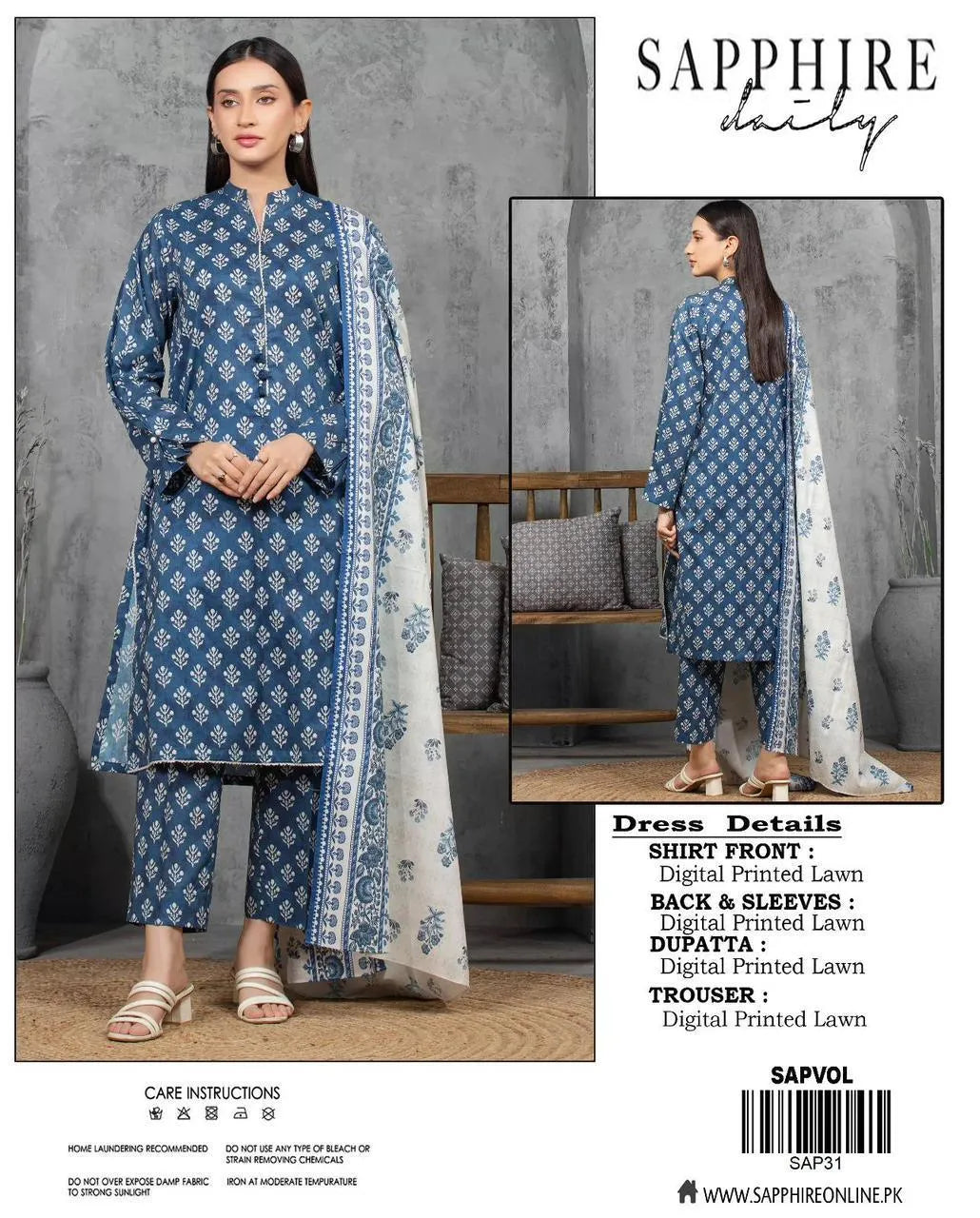 Sapphire Women's Blue Digital Printed Lawn 3-Piece Suit