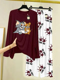 Women Printed Jersey Night Suit Brown 2Pcs Set